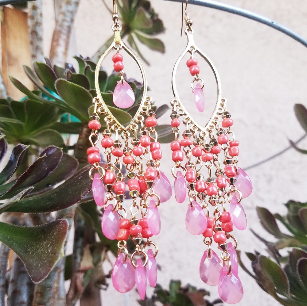 Boho chandelier pink bead earrings gold tone